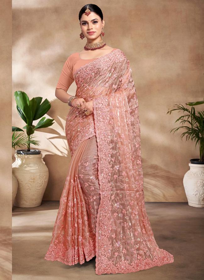 Jimmy Choo Silk Peach Wedding Wear Embroidery Work Saree